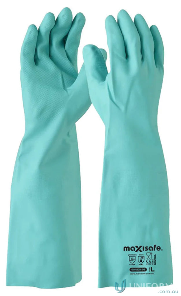 Long teal nitrile gloves perfect for workwear and applications with uniforms