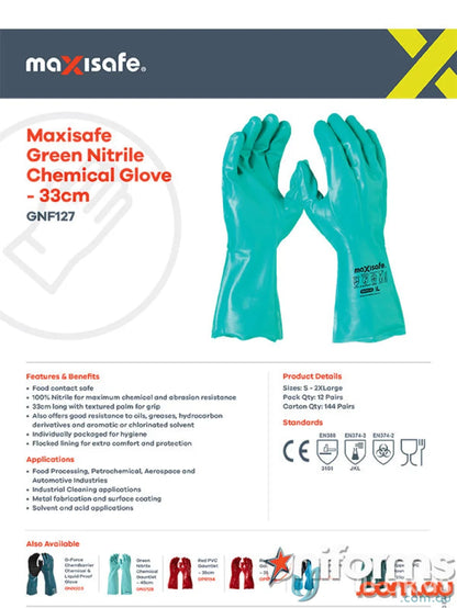 Green nitrile chemical glove perfect for work uniforms and chemical handling