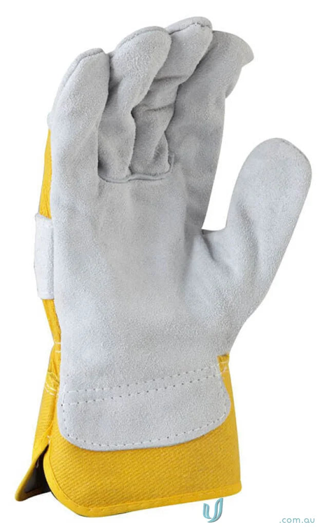 Yellow cotton and gray split palm work glove perfect for yard work