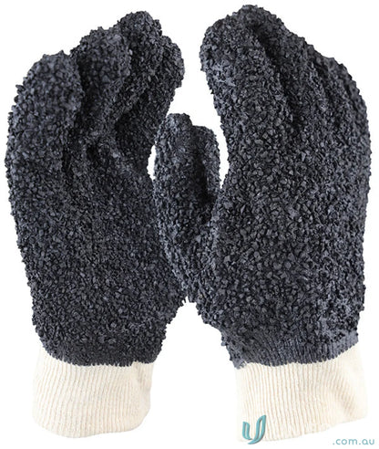 Textured black PVC work gloves with jersey liner, perfect for uniforms and debudding tasks