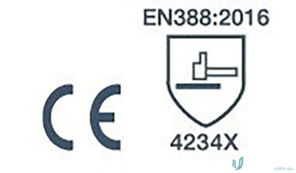 Safety certification symbols on 12pk Heavy Duty Polisher Gloves with reinforced palms