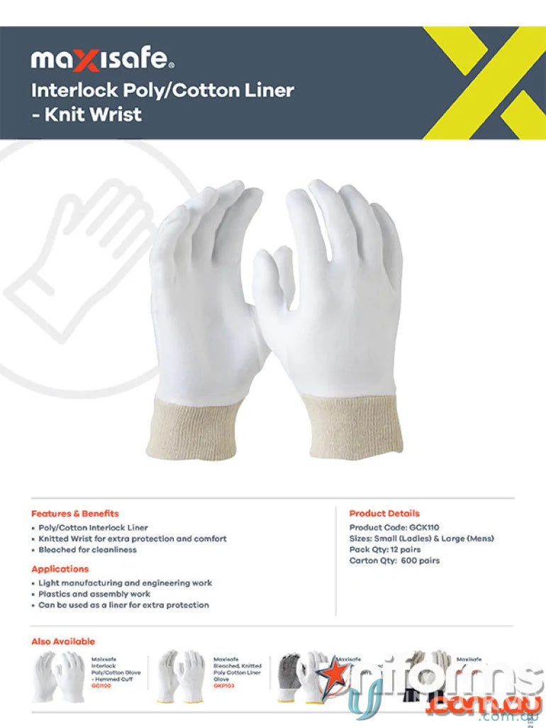 White interlock poly cotton liner gloves with knit wrist for extra protection in small sizes