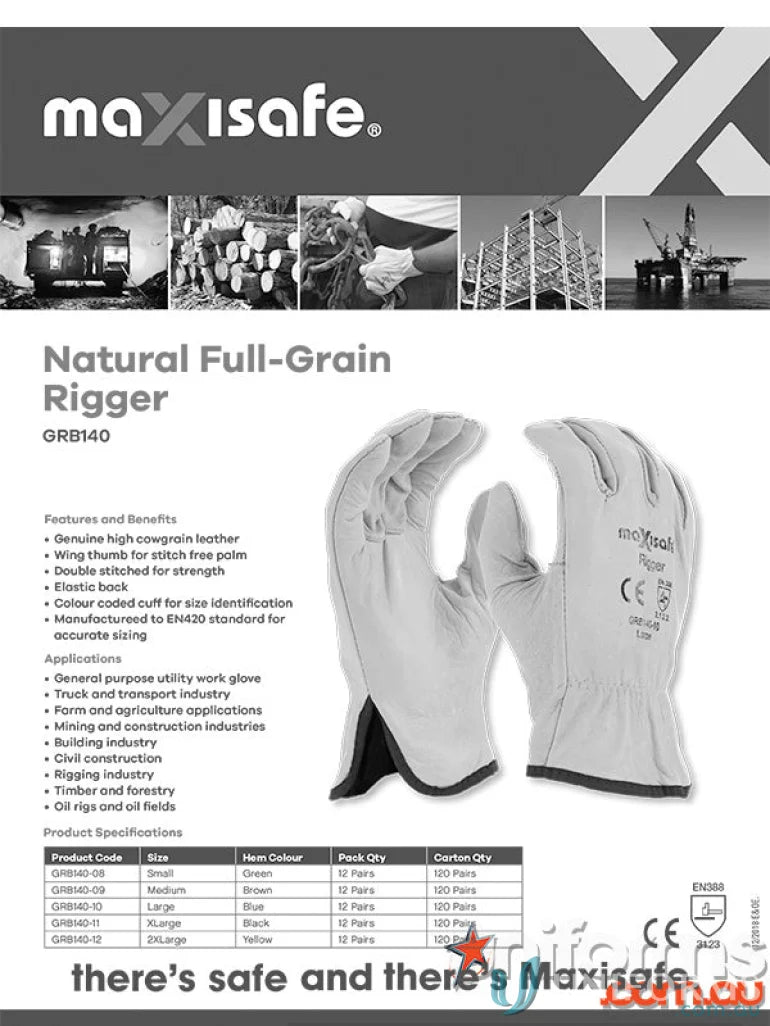 Work gloves with product specs for industry workwear and uniforms from 12pk Maxisafe