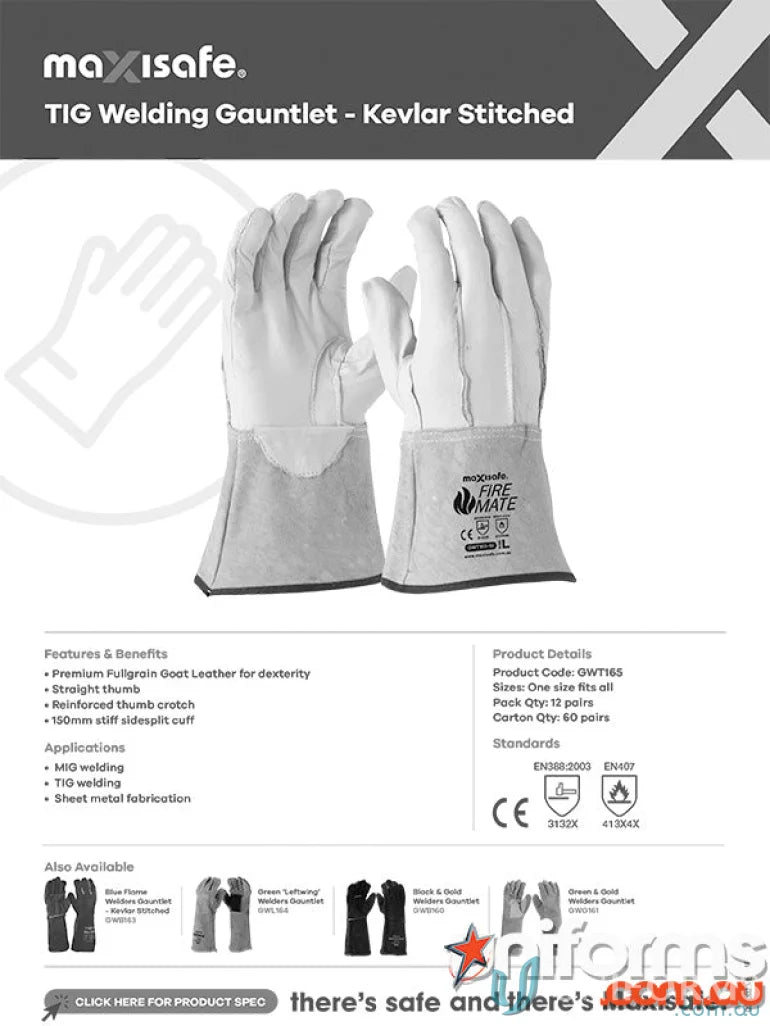 Welding gauntlets for TIG welding and workwear, Maxisafe 12pk Kevlar stitched gloves