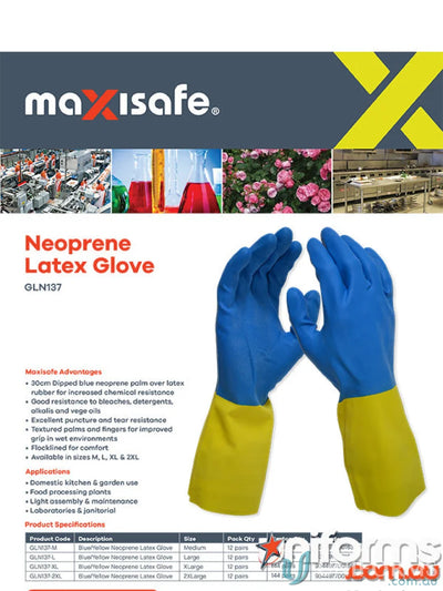 Blue and yellow neoprene latex gloves for workwear with resistance and uniform use