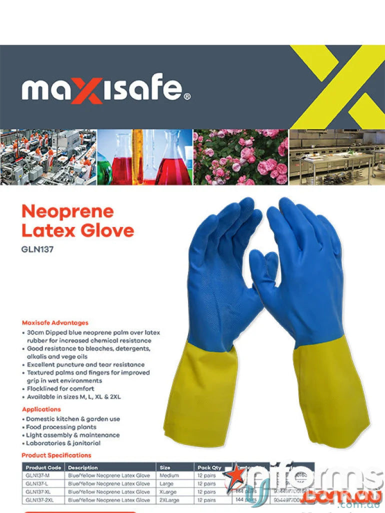 Blue and yellow neoprene latex gloves for workwear with resistance and uniform use