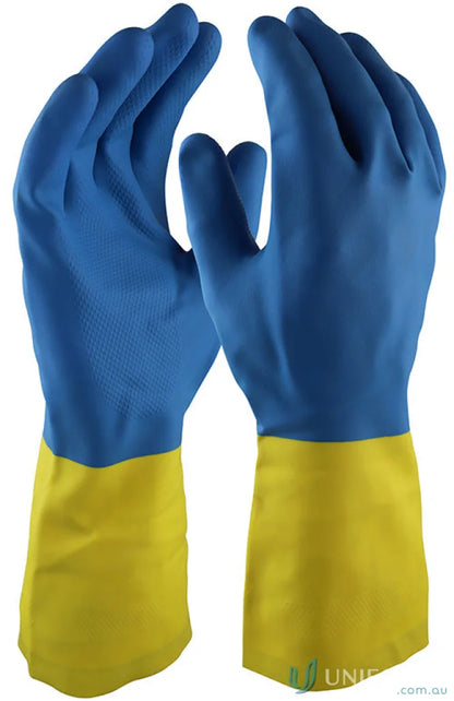 Blue and yellow rubber gloves for workwear and resistance from 12pk Neoprene Over Latex Glove