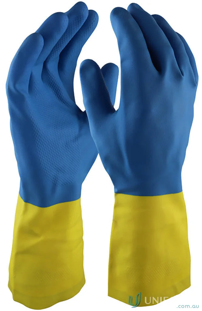 Blue and yellow rubber gloves for workwear and resistance from 12pk Neoprene Over Latex Glove
