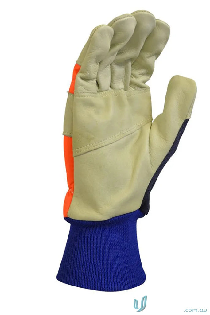 Leather work glove with blue cuff for left hand, ideal for protective gloves against mechanical risks in chainsaw use