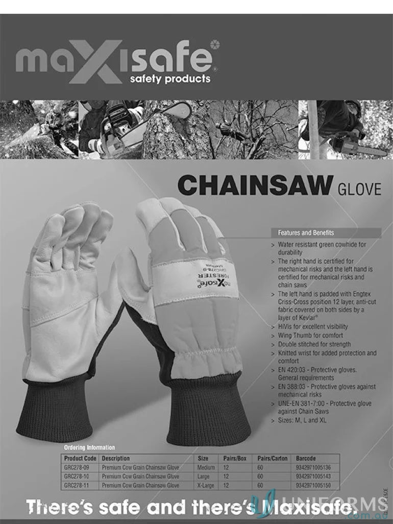 Premium Cow Grain Chainsaw Gloves protecting your left hand from mechanical risks