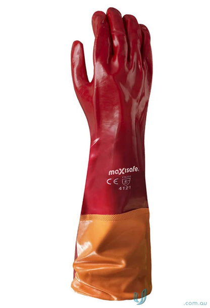Red and orange protective glove from 12pk red pvc 60cm gauntlet set