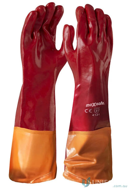 Red and orange protective gloves from 12pk red pvc 60cm gauntlet set