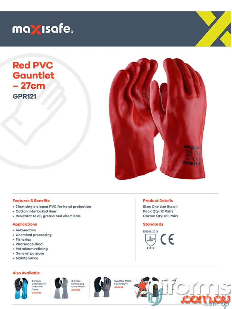 Red PVC Gauntlet gloves perfect for tough jobs in a 12-pack, 27cm size