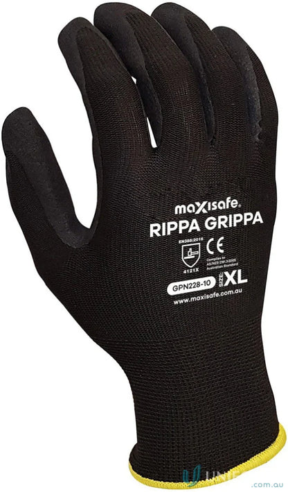 Black nitrile coated work glove with yellow trim from Rippa Grippa 12pk for workwear