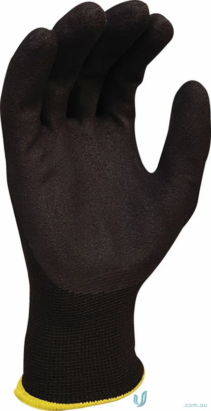 Black nitrile coated work glove with yellow trim from 12pk Rippa Grippa workwear