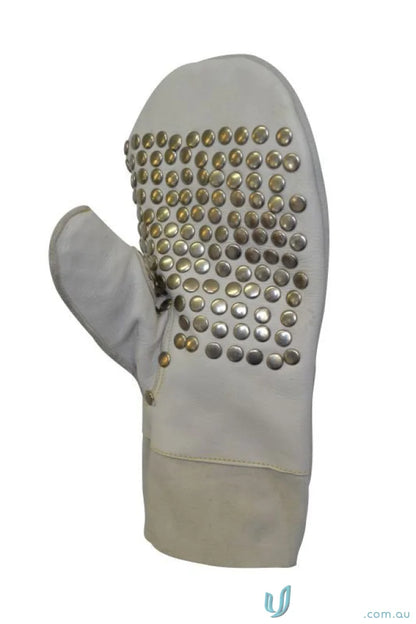 White studded oven mitt from 12pk leather plumbers glove for left hand protection