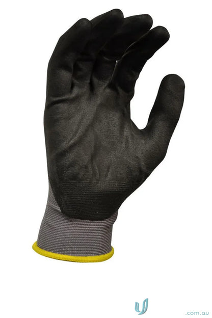 Black work glove with gray wristband, micro foam coating for workwear and uniforms