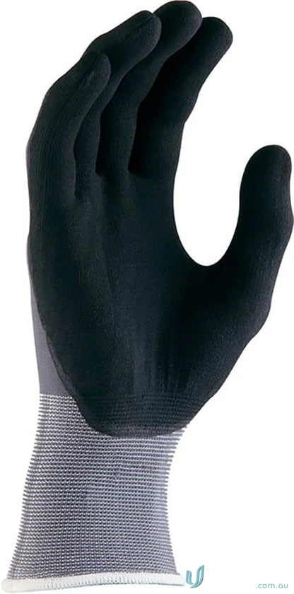 Black work glove with gray wrist from 12pk Supaflex workwear featuring micro foam coating