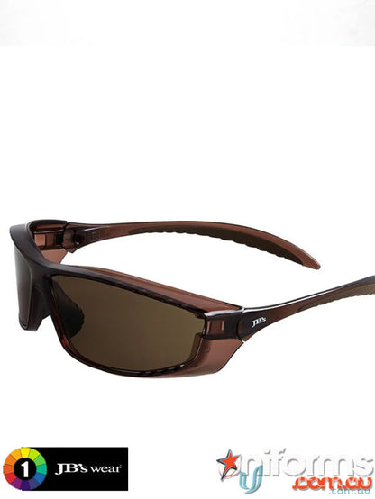 Brown-framed safety sunglasses with vented design, featuring sturdy arms and temple for protection