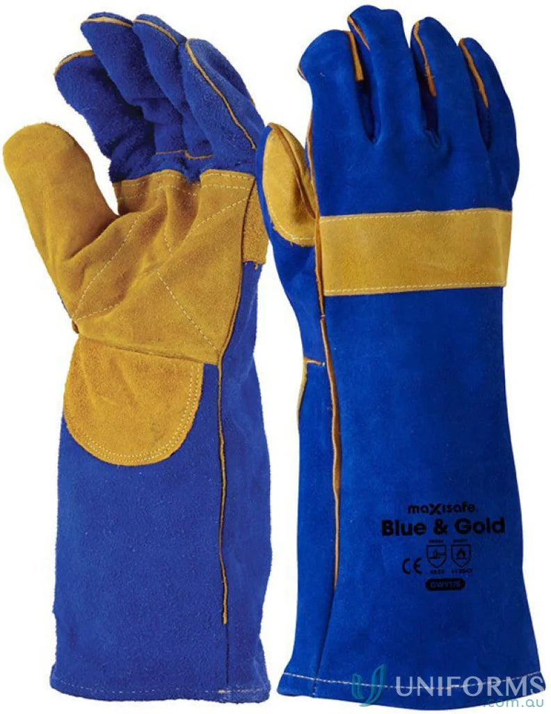 Blue and gold work gloves with cross-stitched reinforcement for welding workwear
