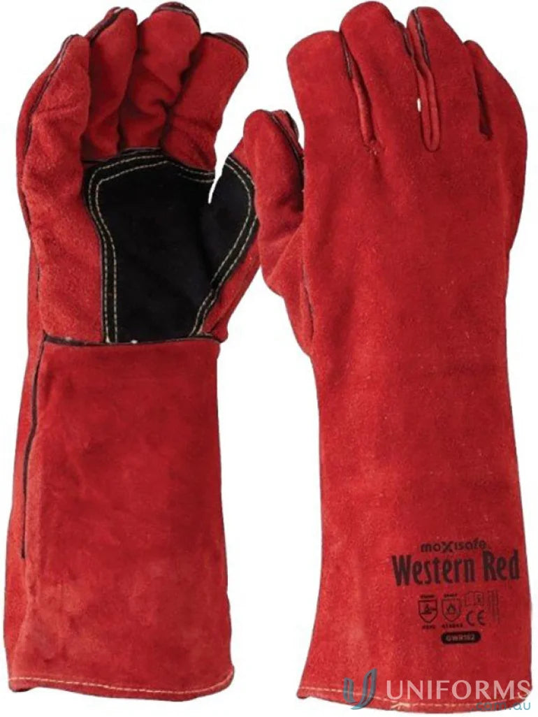 Red premium welders gauntlet showing durable red leather work gloves for welding