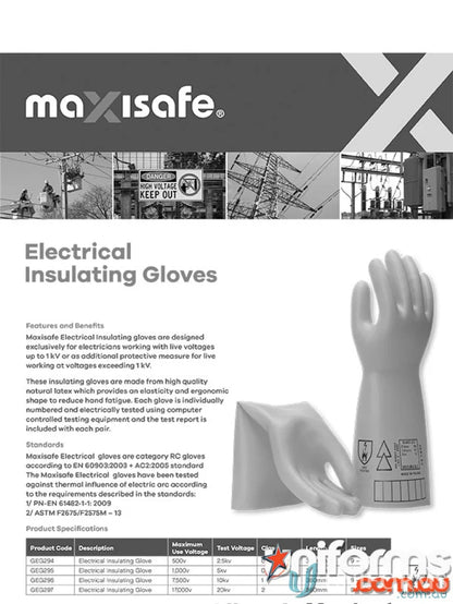 Maxisafe electrical insulating gloves for 17000v, 20kv Class 2 high-voltage safety