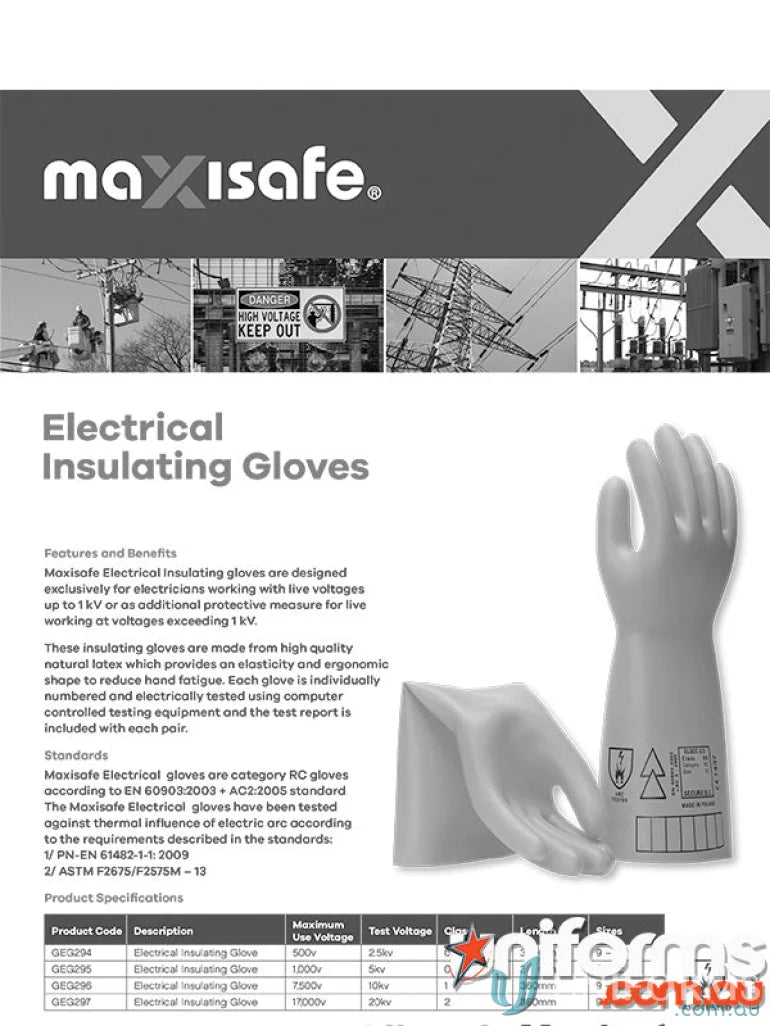 Maxisafe electrical insulating gloves for 17000v, 20kv Class 2 high-voltage safety