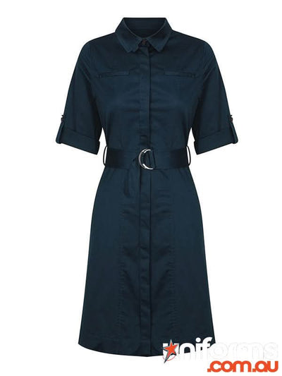 Dark navy blue sateen riley womens belted shirt dress with rolled sleeves perfect for workwear and uniforms