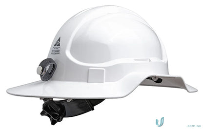 White hard hat with brim area, cap attachable, ideal for workers on site