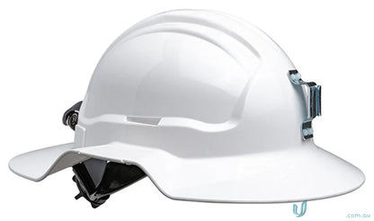 White hard hat with brim area, cap attachable, and metal miners bracket for safety