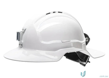 White hard hat with broad brim and headlamp for safety in the brim area
