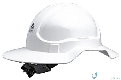 White hard hat with broad brim for extra protection in the brim area