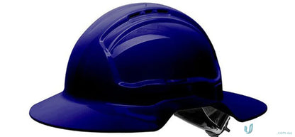 Blue hard hat with broad brim, vented design, cap attachable for safety gear