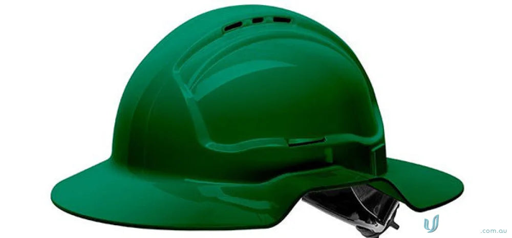 Green broad brim vented hard hat with cap attachable feature for safety and comfort