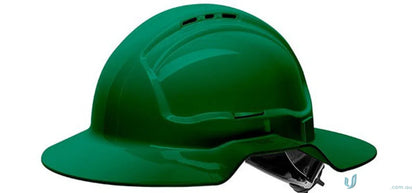 Green broad brim vented hard hat with cap attachable feature for safety and comfort