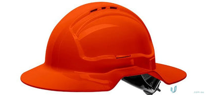 Orange broad brim vented hard hat with cap attachable feature for protection