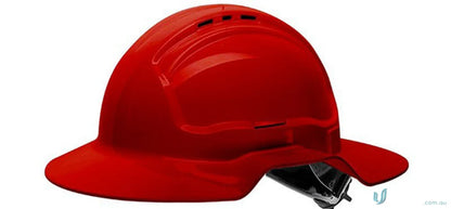 Red safety helmet with broad brim and cap attachable feature for hard hats
