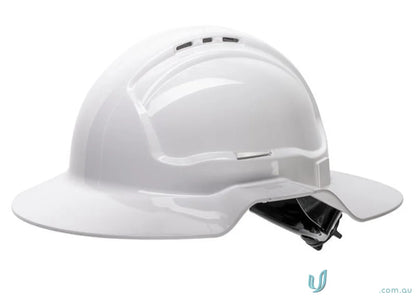 White broad brim vented hard hat with cap attachable features for safety and comfort