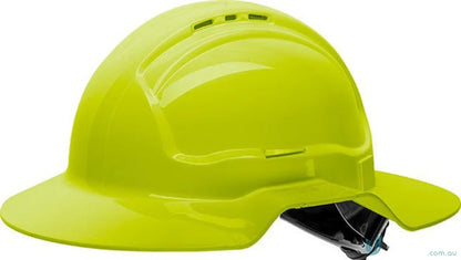 Yellow broad brim vented hard hat with cap attachable feature for safety gear