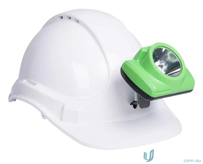 White hard hat with green headlamp for main light workwear and uniforms safety gear