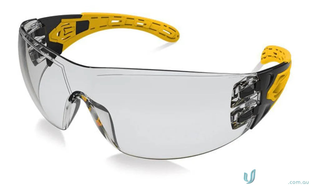 Clear safety glasses with yellow and black accents, anti-fog lens, adjustable strap code