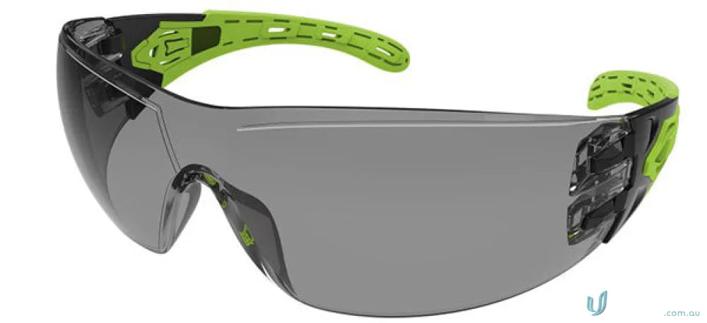 Gray-lensed safety glasses with green accents and anti-fog lens, code 1pk.EVOLVE