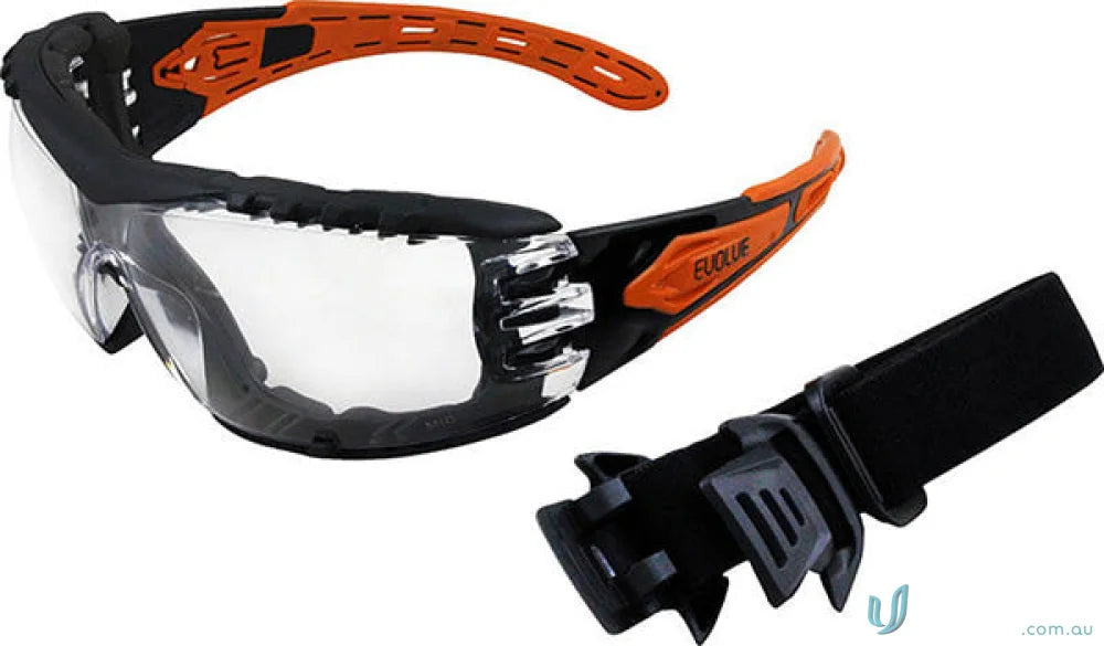 Protective eyewear with orange accents, adjustable strap, fully assembled for workwear or uniforms