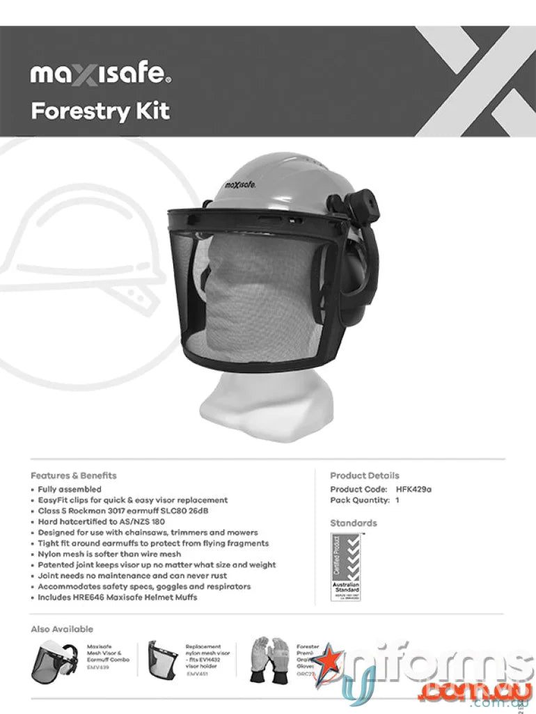 Forestry safety kit with orange helmet, mesh face shield, and earmuffs for workwear