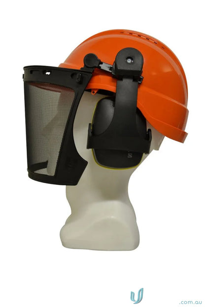 Orange hard hat with mesh face shield and ear protection from Forestry Kit workwear