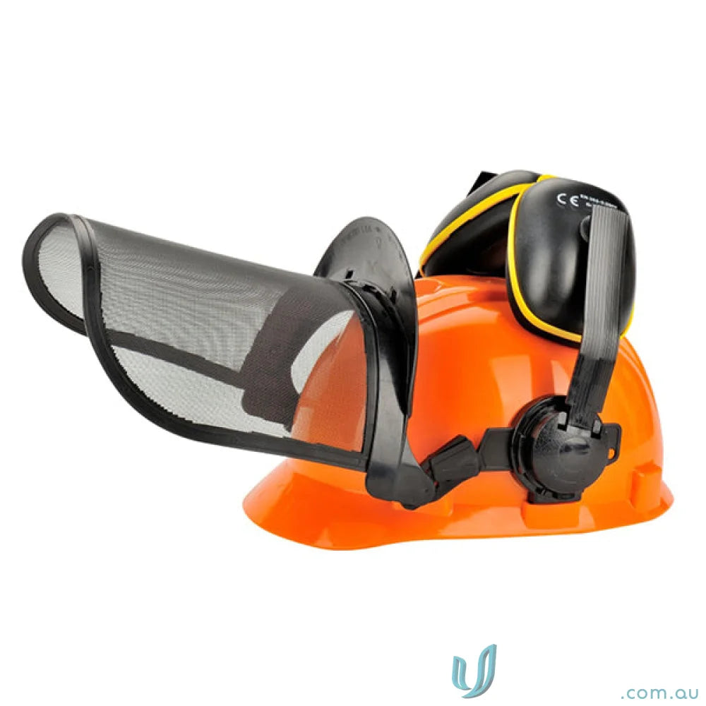 Orange hard hat with mesh visor and earmuffs for forestry workwear or uniforms