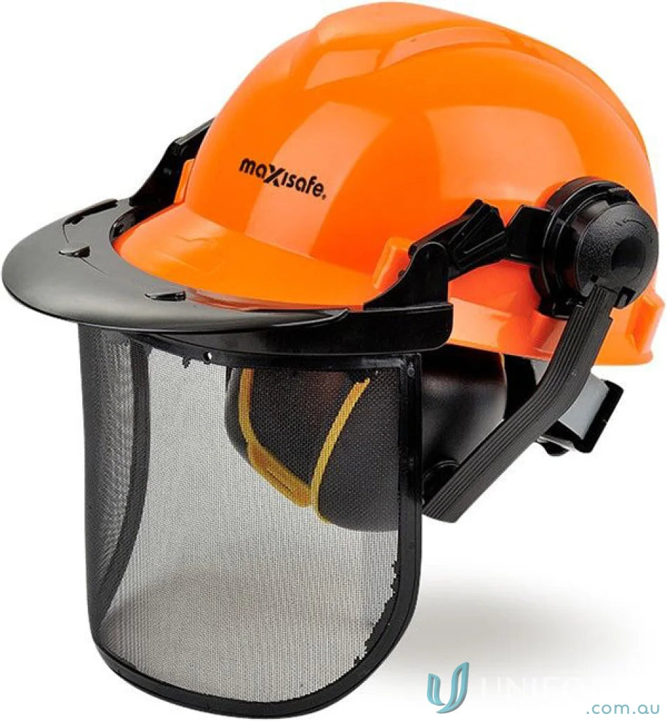 Orange hard hat with face shield mesh visor and earmuffs from forestry workwear kit