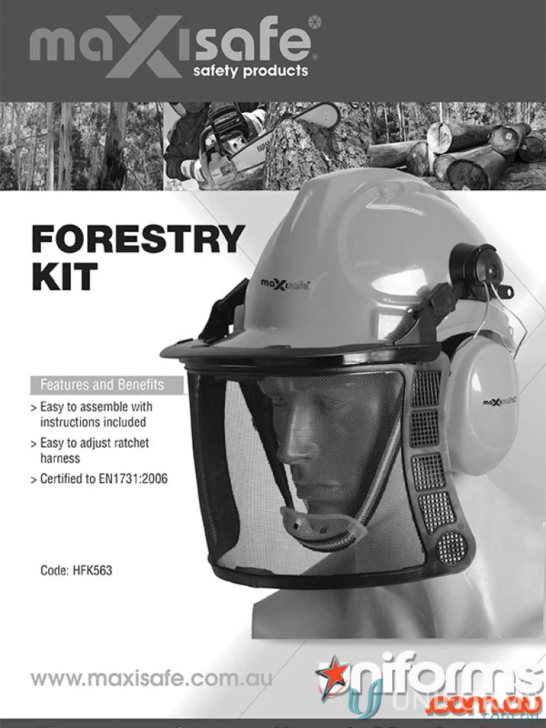 Forestry safety helmet with mesh visor, face shield, and ear protection for workwear uniforms