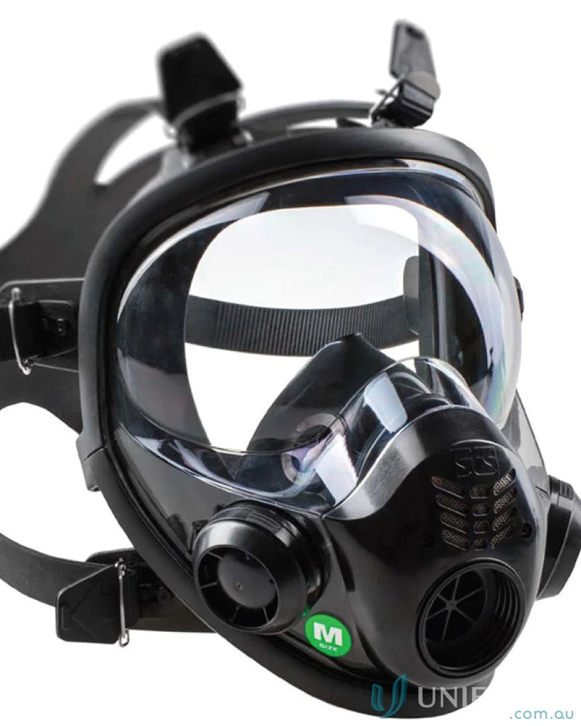 Black full-face respirator with wide panoramic visor for chemical resistance - Shigematsu GX02