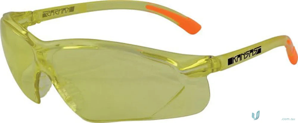 Yellow safety glasses with orange ear tips and amber lens for workwear and uniforms